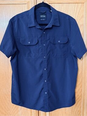 PrAna men's short-sleeve button-up shirt navy blue